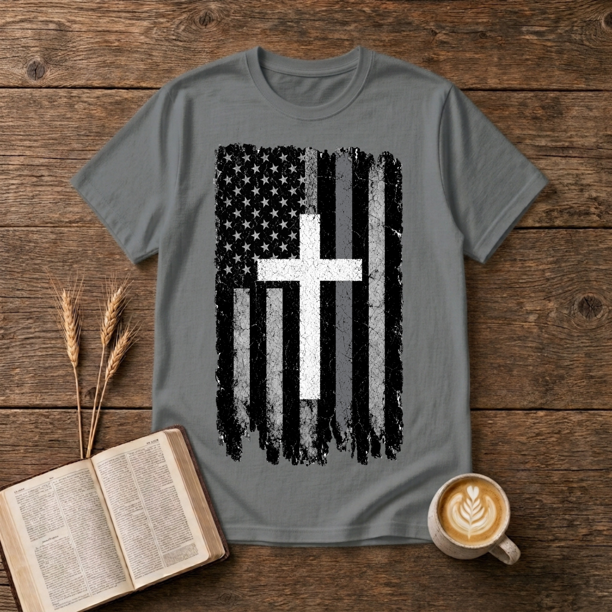 Faded American flag and distressed cross with a silver line on a Graphite Heather unisex T-Shirt