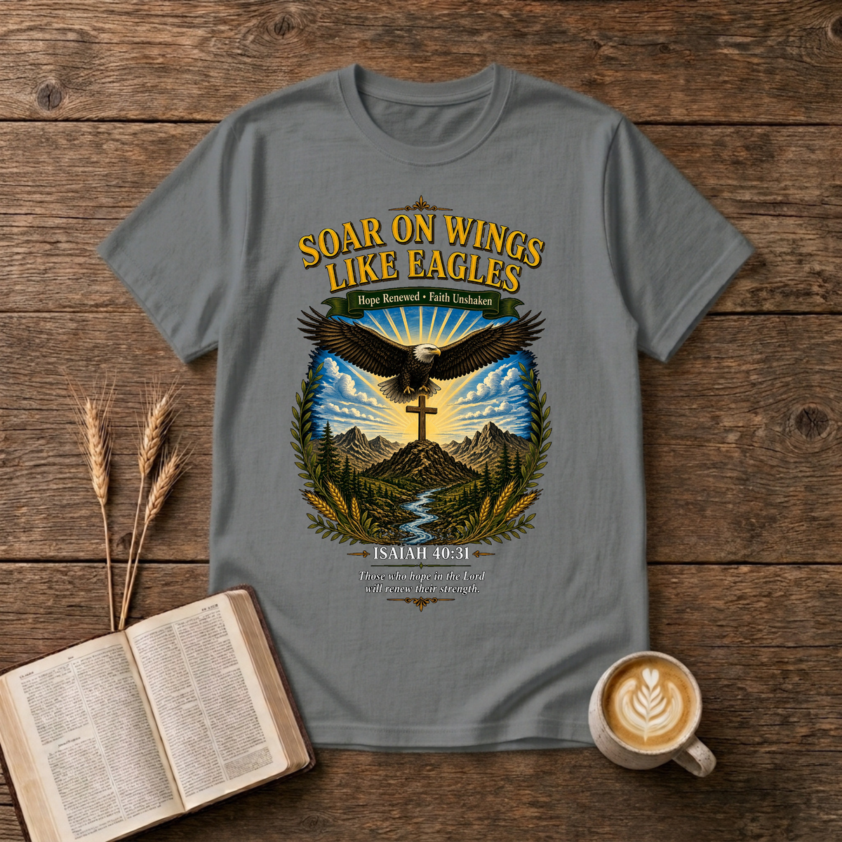 Vintage-style eagle artwork with Soar on Wings Like Eagles on a Graphite Heather unisex T-Shirt