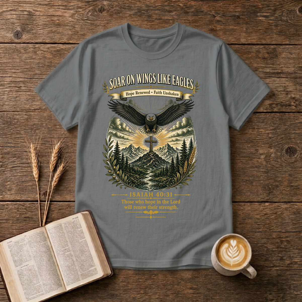 Eagle in mid-flight over a cross at sunrise and a forest on a Graphite Heather unisex T-Shirt
