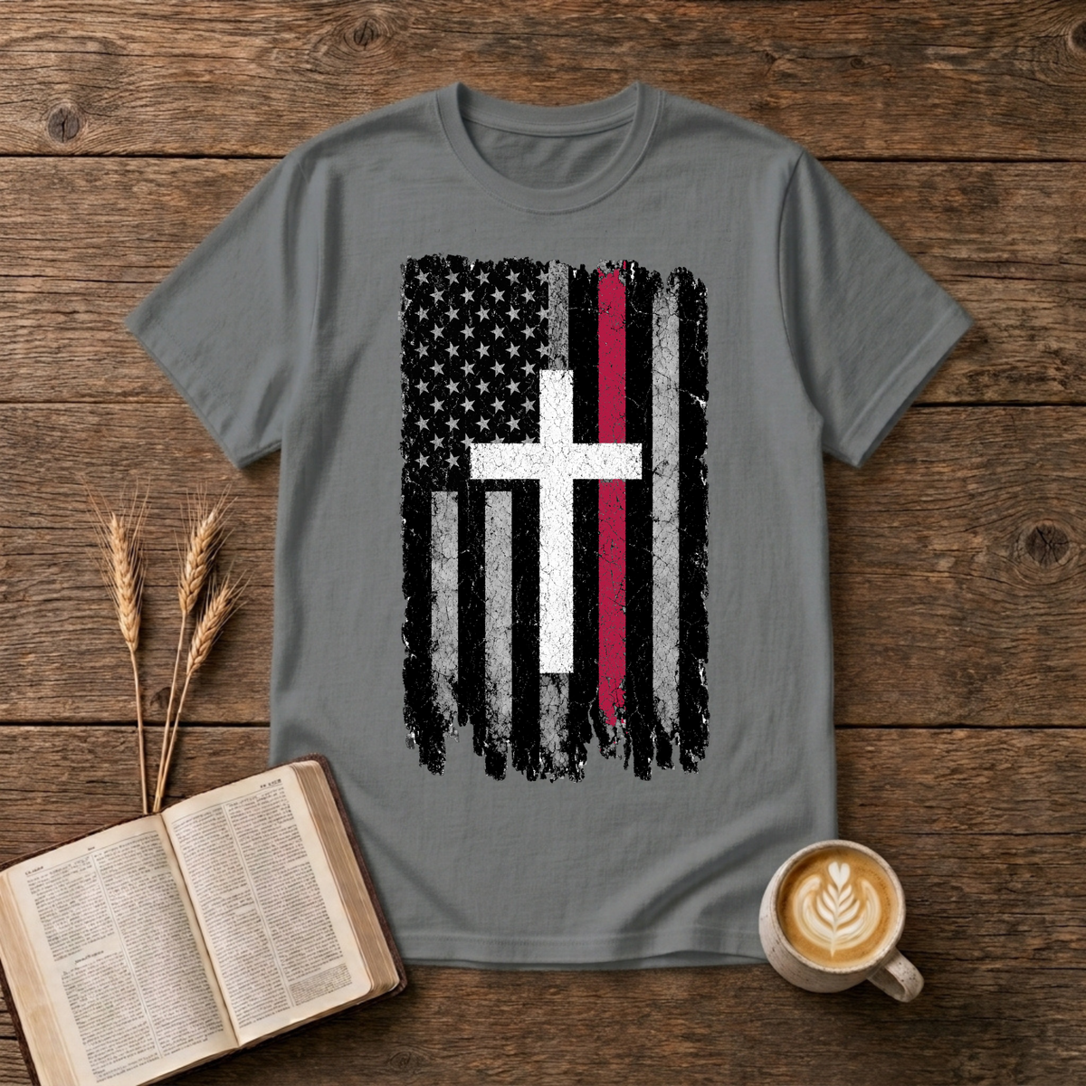 Grayscale American flag with a thin red stripe and cross motif on a Graphite Heather unisex T-Shirt