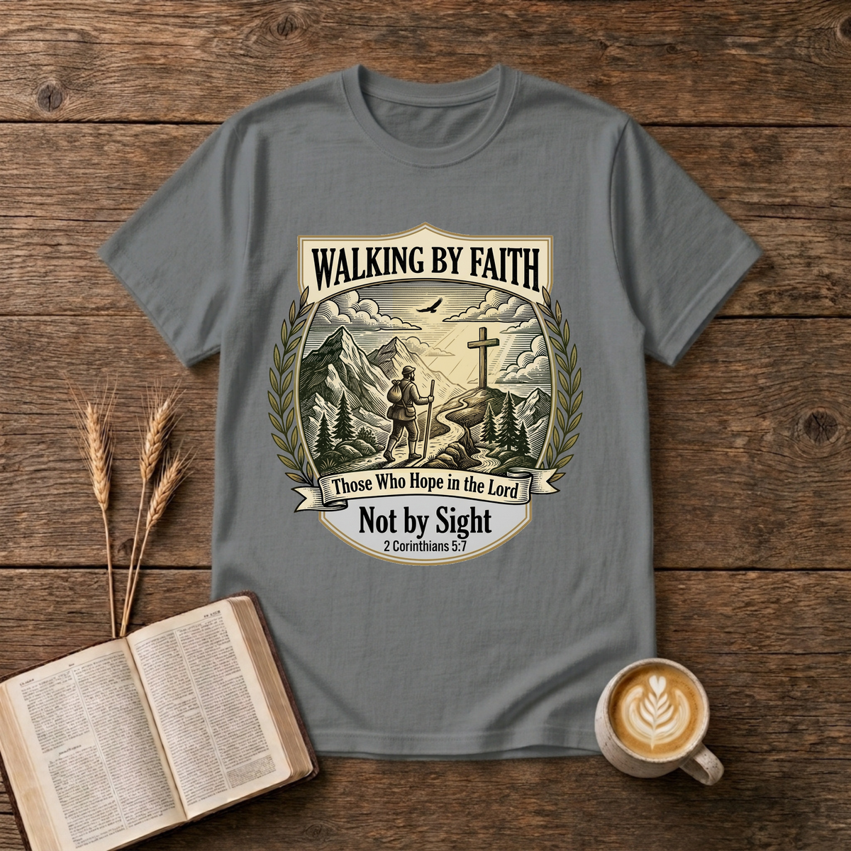 Walking by Faith grayscale scene with mountains, lone walker and cross on a hill on a Graphite Heather unisex T-Shirt