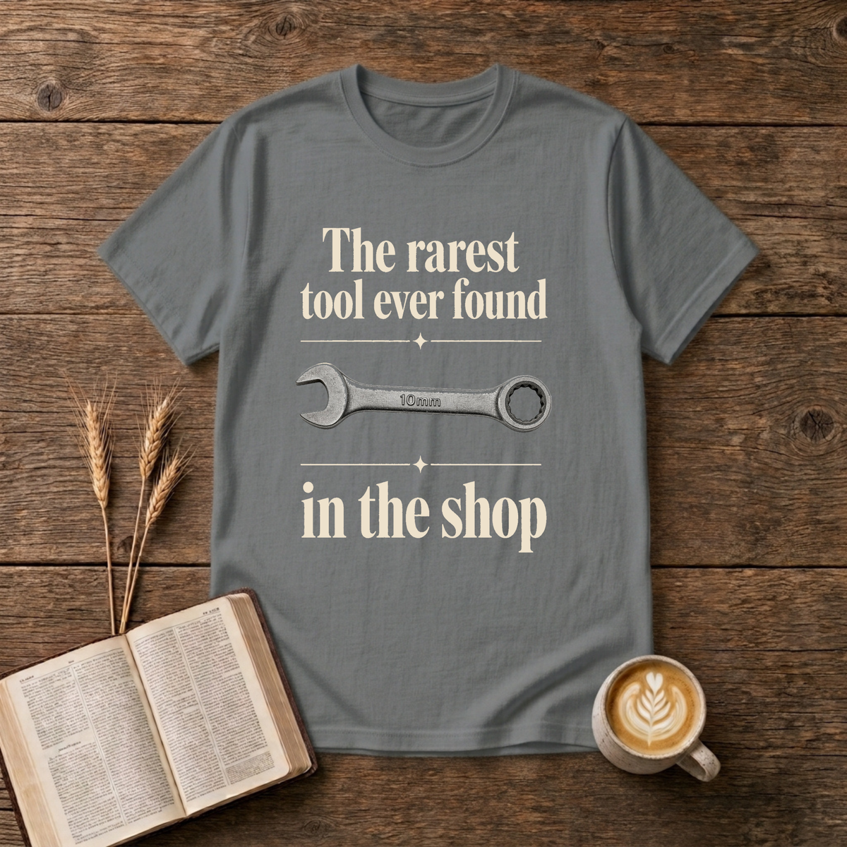 Vintage-style wrench graphic with understated text on a Graphite Heather unisex T-Shirt