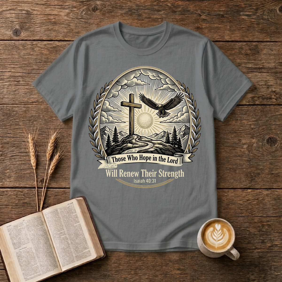 Those Who Hope in the Lord cross and eagle design, Isaiah 40:31 on a Graphite Heather unisex T-Shirt