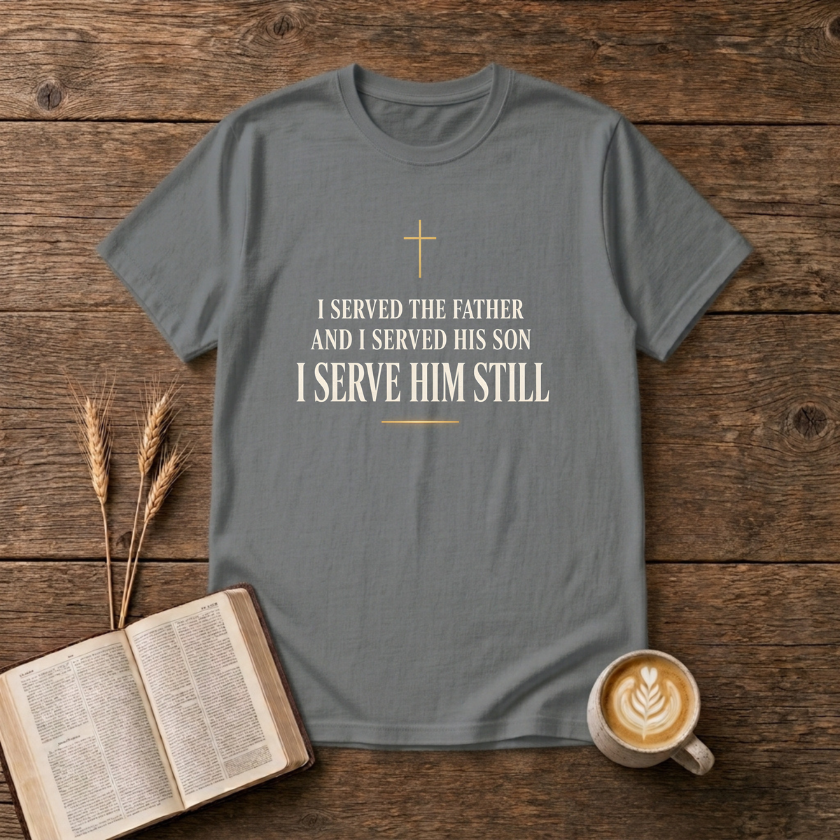 Minimalist gold cross with I Served the Father and I Served His Son on a Graphite Heather unisex T-Shirt