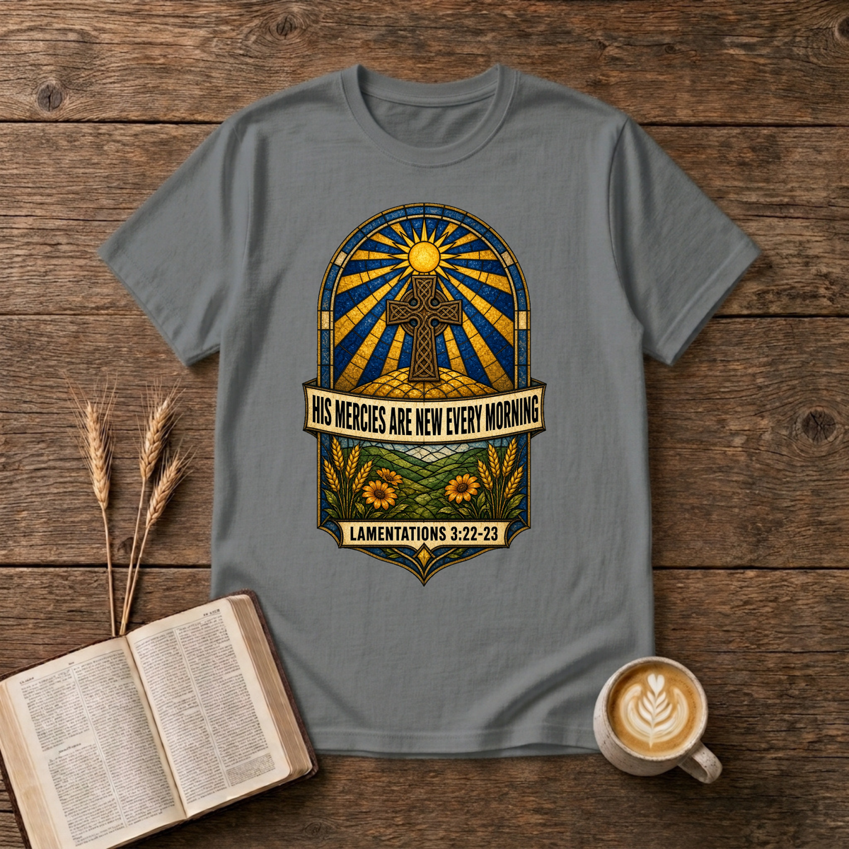 Emblem with sunbeams above a winding path, florals and His mercies banner on a Graphite Heather unisex T-Shirt