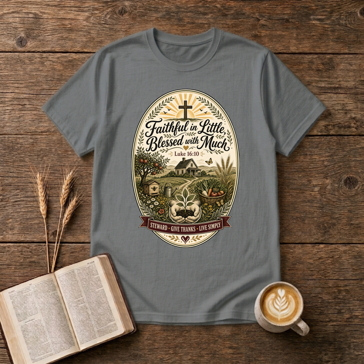 Faithful in Little Blessed with Much design with a small house, hills and cross at sunrise on a Graphite Heather T-Shirt