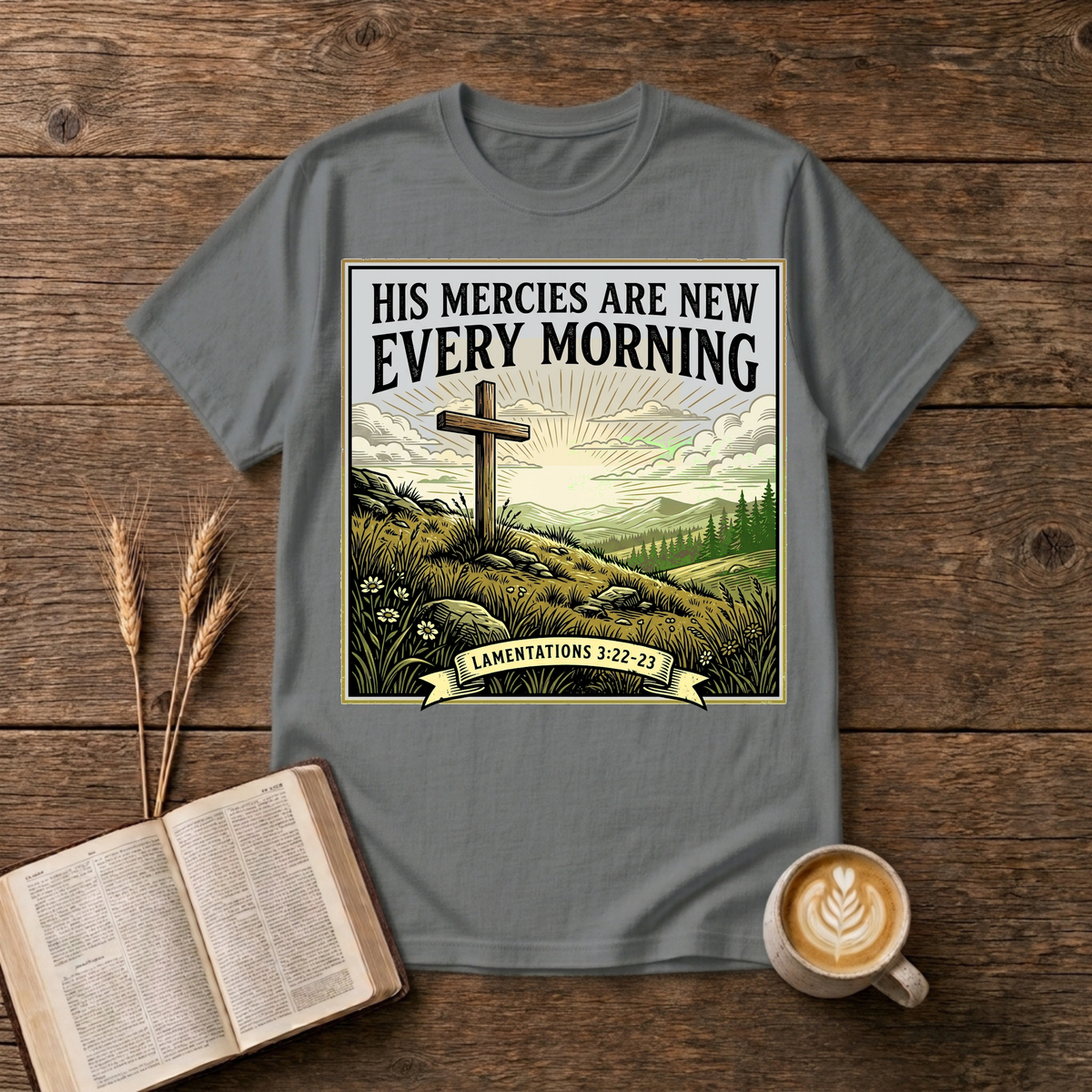 Grayscale cross on a rocky rise with His mercies are new every morning on a Graphite Heather unisex T-Shirt