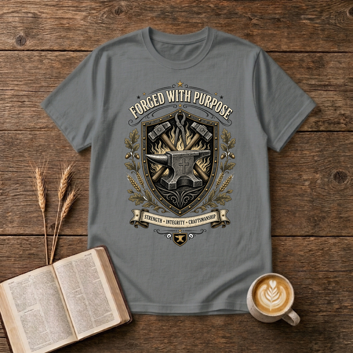 Monochrome blacksmith crest with anvil, hammer and forge flames framed by laurel on a Graphite Heather unisex T-Shirt