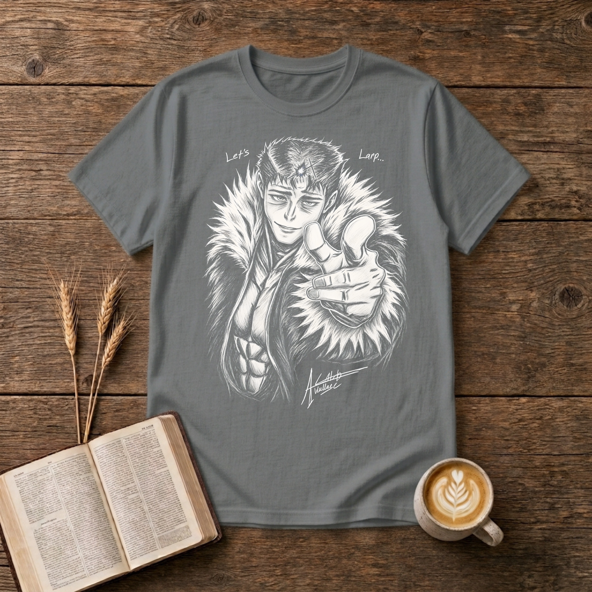 Monochrome anime character in a fur collar reaching out, Let's Larp on a Graphite Heather unisex T-Shirt