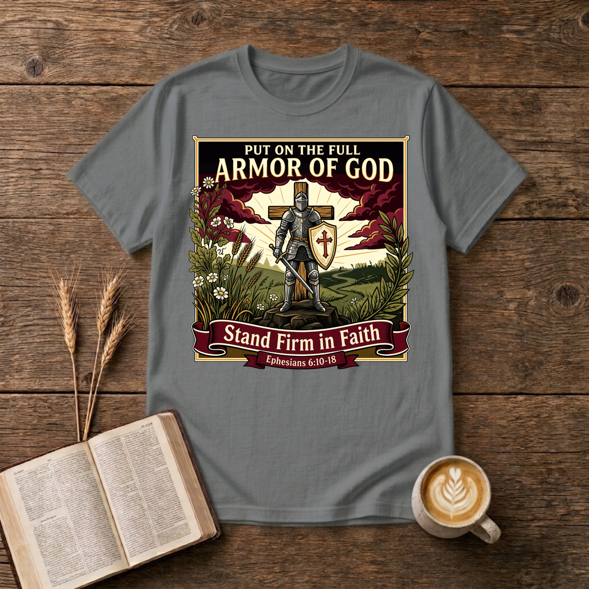 Armor of God design of a figure standing firm with a shield and cross under dramatic skies on a Graphite Heather T-Shirt
