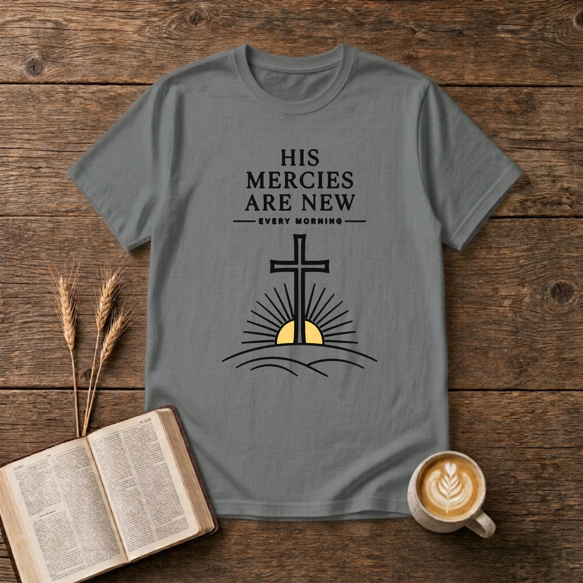 Subtle His mercies are new lettering with a softened cross above a rising sun on a Graphite Heather unisex T-Shirt