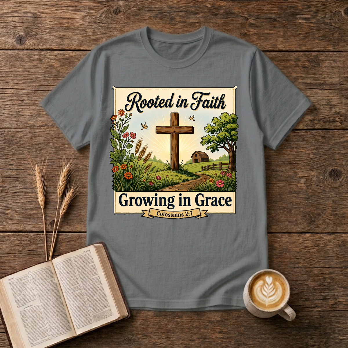 Rooted in Faith Growing in Grace design with a cross, grasses and small farmhouse on a Graphite Heather unisex T-Shirt
