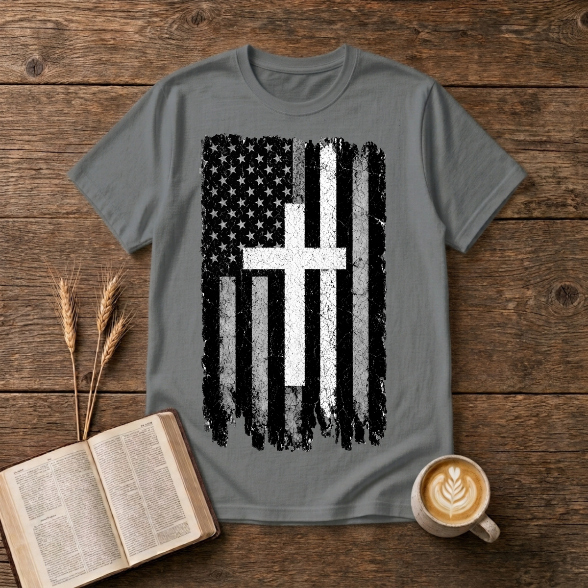 Vintage distressed stars-and-stripes flag with a thin white line on a Graphite Heather unisex T-Shirt