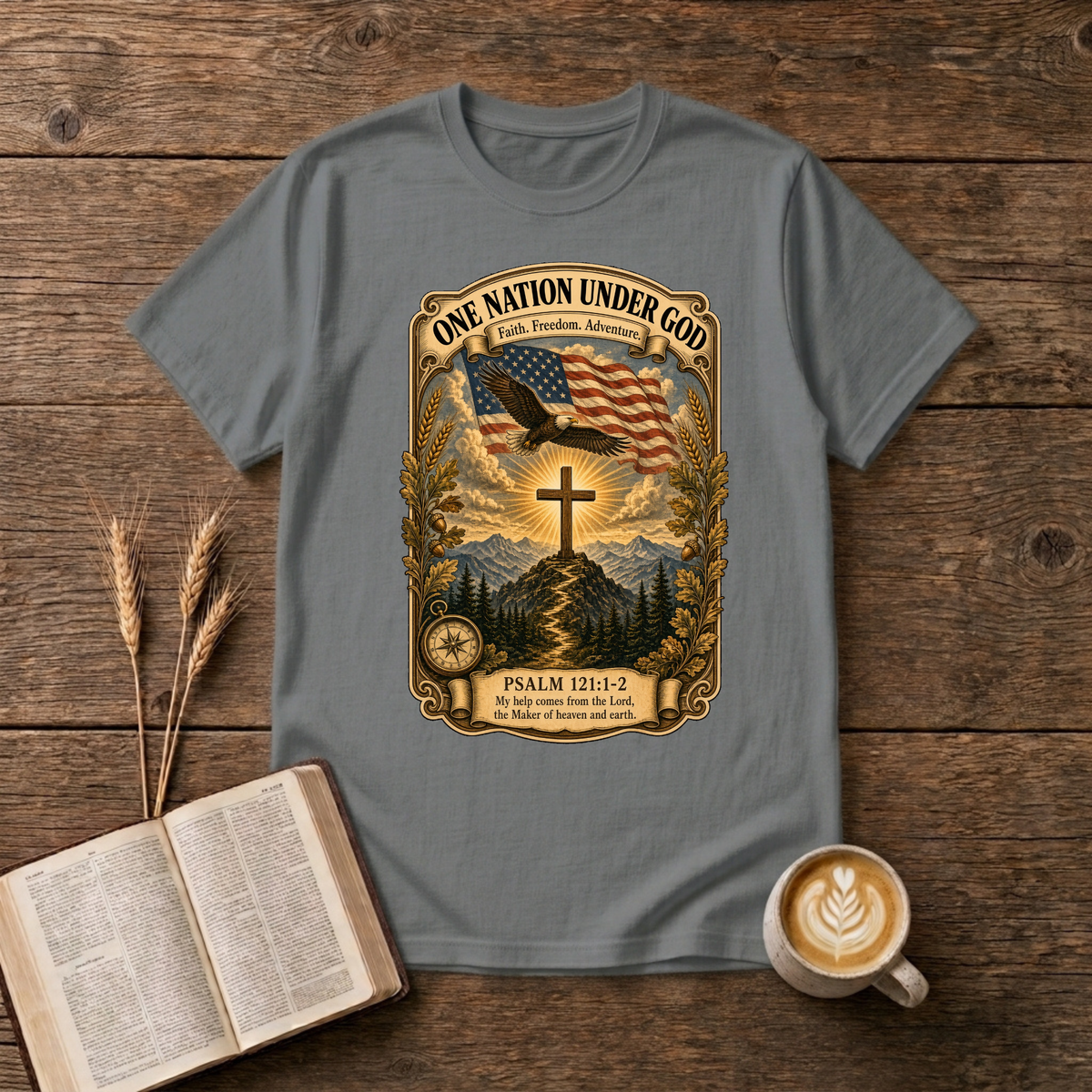 Waving flag, soaring eagle and simple cross over a misty landscape on a Graphite Heather unisex T-Shirt