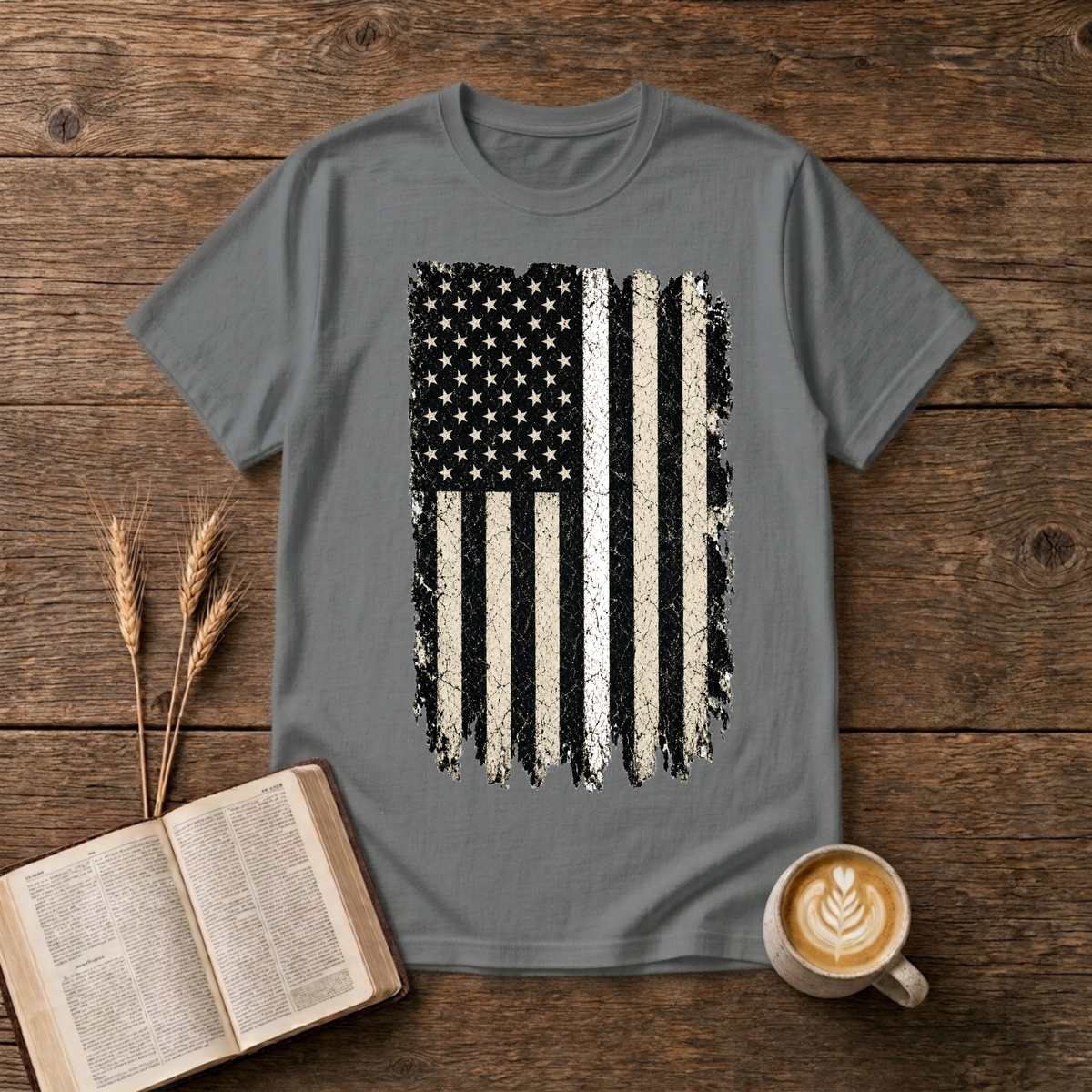Weathered American flag with a thin white line on a Graphite Heather unisex T-Shirt