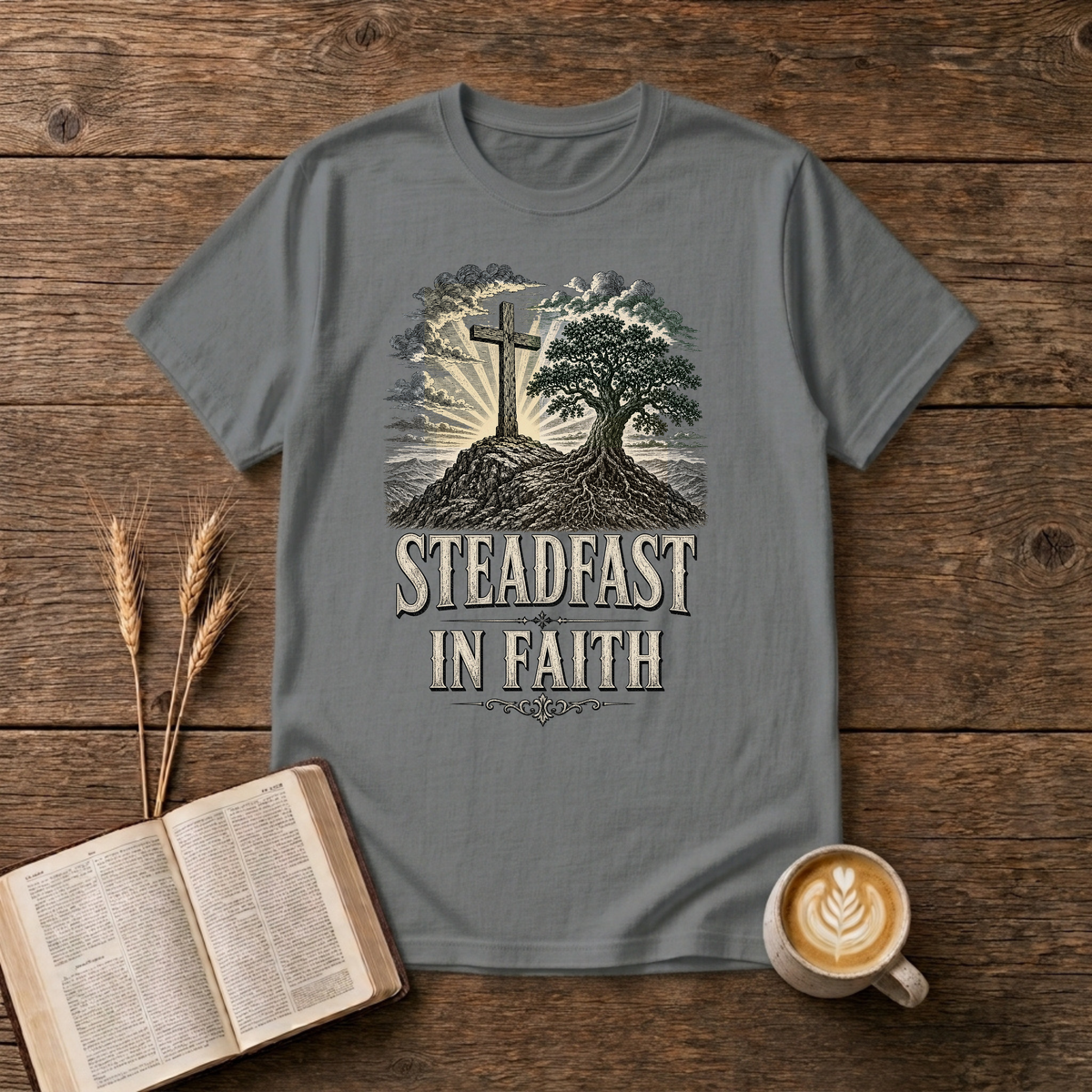 Weathered cross beside a steadfast tree on a rocky mound on a Graphite Heather unisex T-Shirt