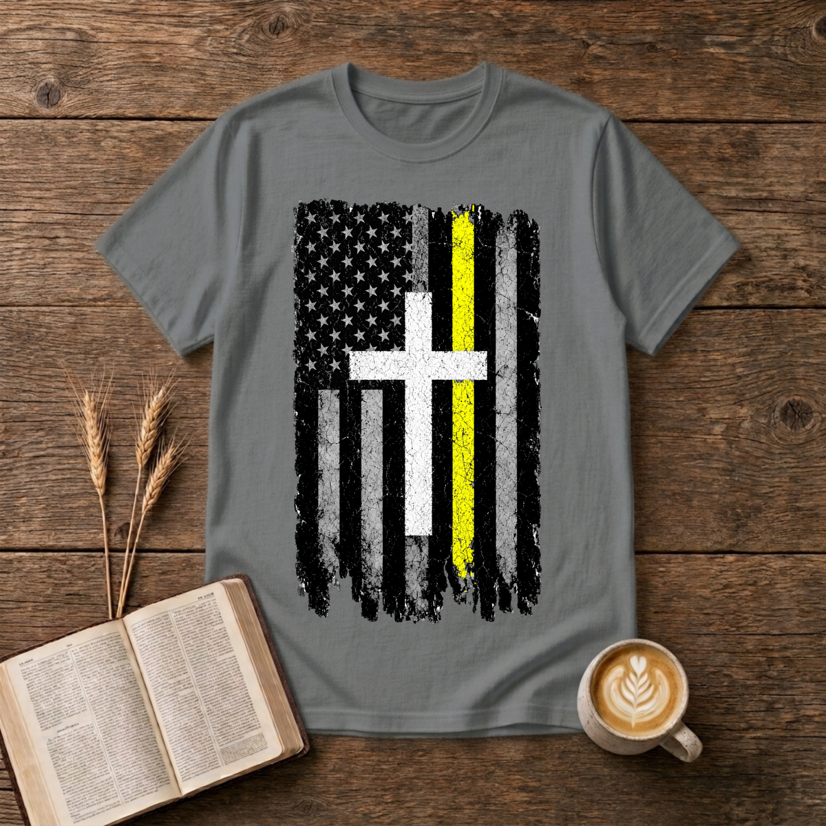 Distressed American flag with a vertical yellow line on a Graphite Heather unisex T-Shirt