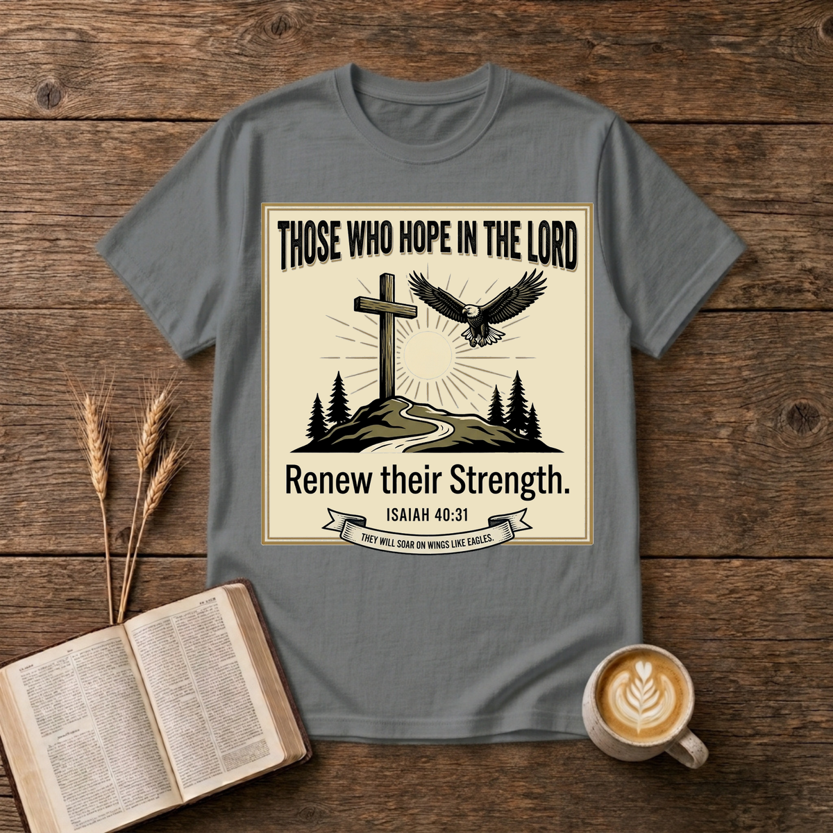 Hand-etched cross on a hill beneath a rising sun with an eagle overhead in a wreath frame on a Graphite Heather T-Shirt