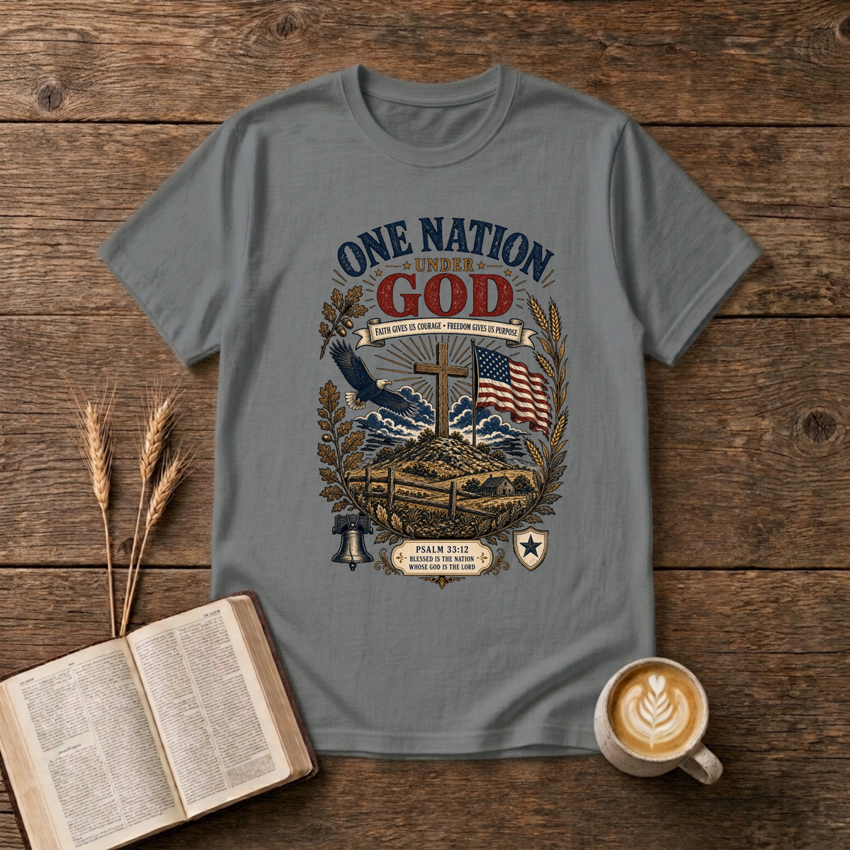 One Nation Under God design with a cross, waving flag, eagle and laurel sprigs on a Graphite Heather unisex T-Shirt