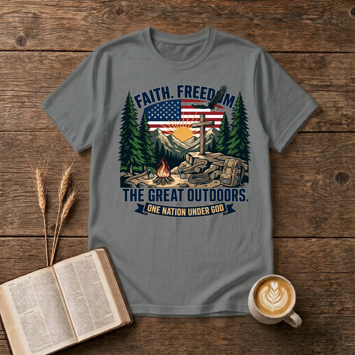 Cross on rock with bald eagle over the flag, mountain sunrise, pines and campfire on a Graphite Heather unisex T-Shirt