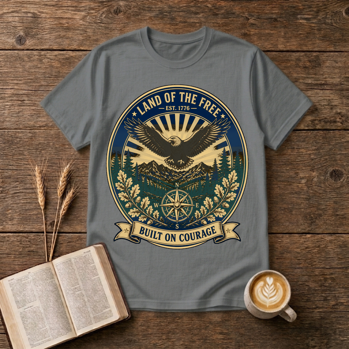 Vintage-style eagle emblem with Land of the Free and patriotic motifs on a Graphite Heather unisex T-Shirt