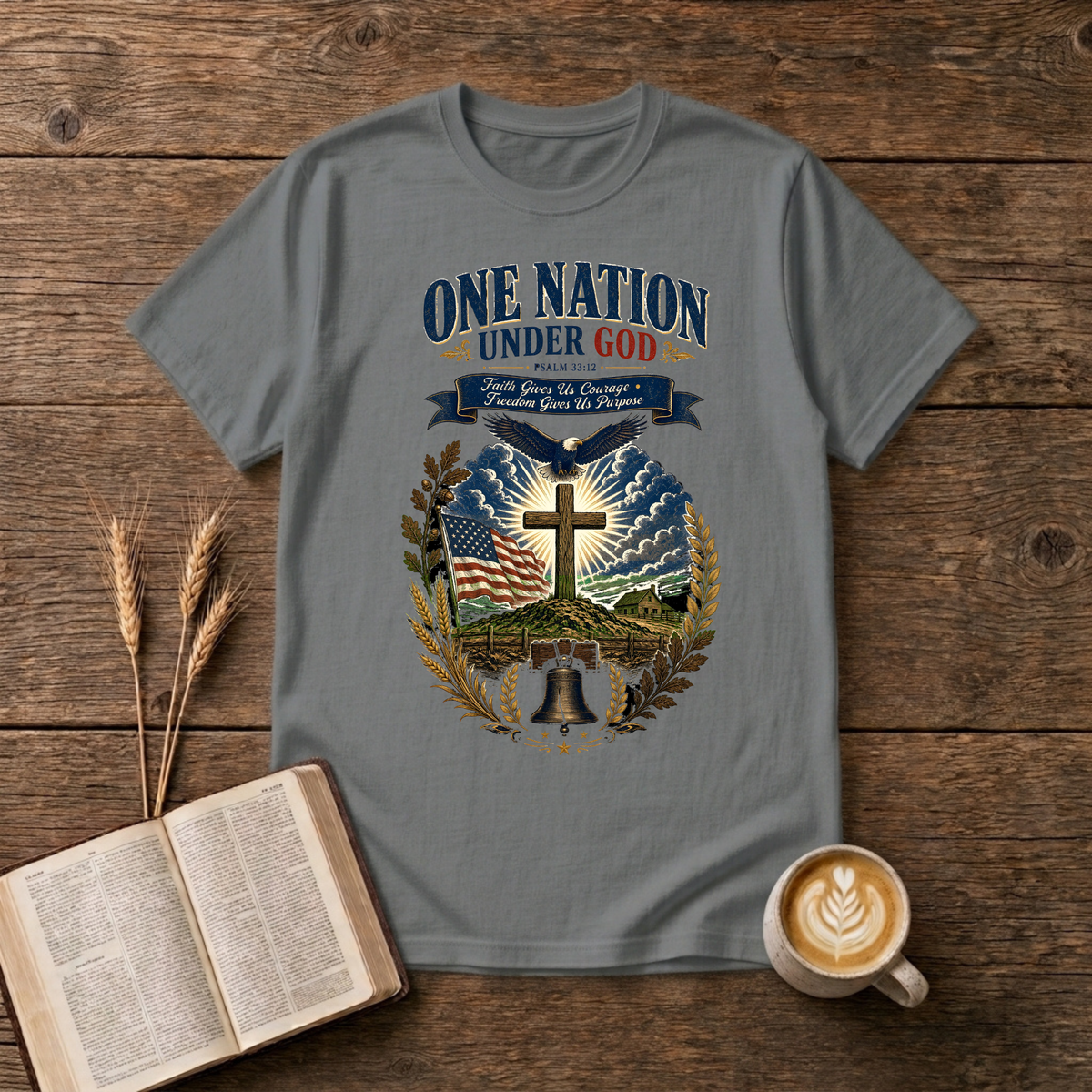 One Nation Under God design with eagle, cross and laurel wreath on a Graphite Heather unisex T-Shirt