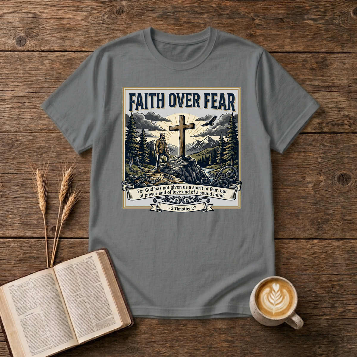 Faith Over Fear sketch of a cross on a rocky ridge with a hiker, pines and mountains on a Graphite Heather unisex T-Shirt