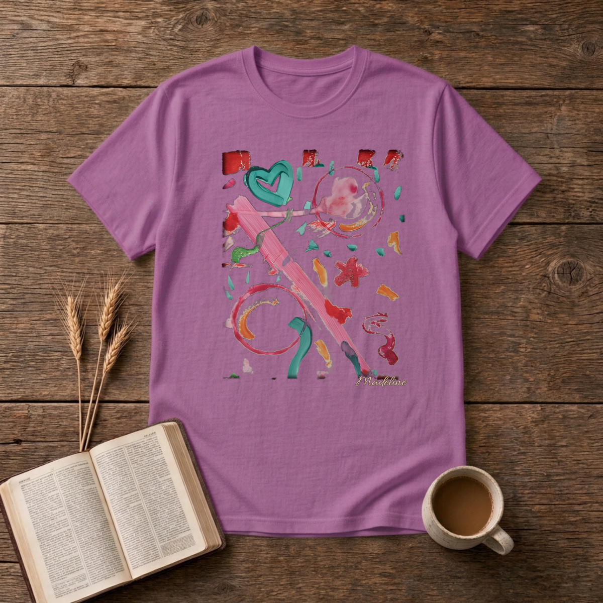 Watercolor swirls with a hand-drawn heart and confetti strokes on a Heather Radiant Orchid unisex T-Shirt