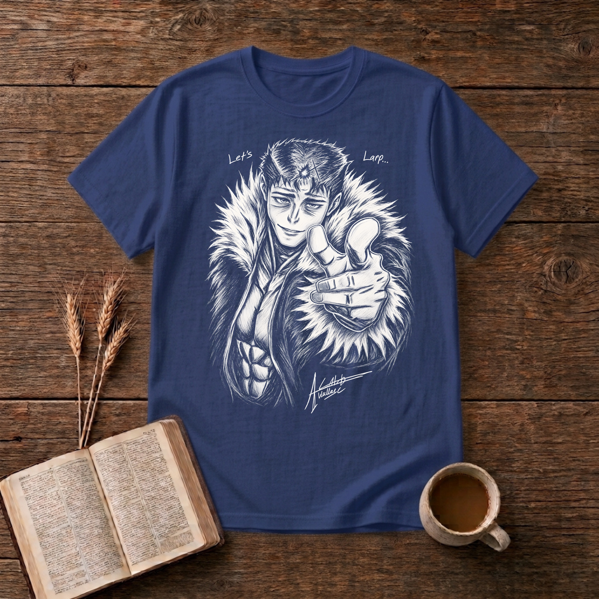 Monochrome anime character in a fur collar reaching out, Let's Larp on a Metro Blue unisex T-Shirt