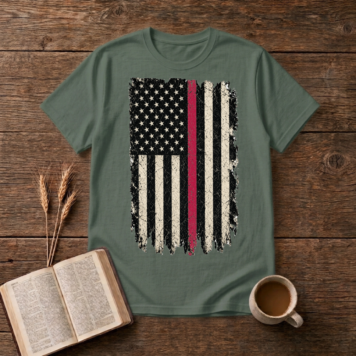 Weathered American flag with a thin red line on a Military Green unisex T-Shirt