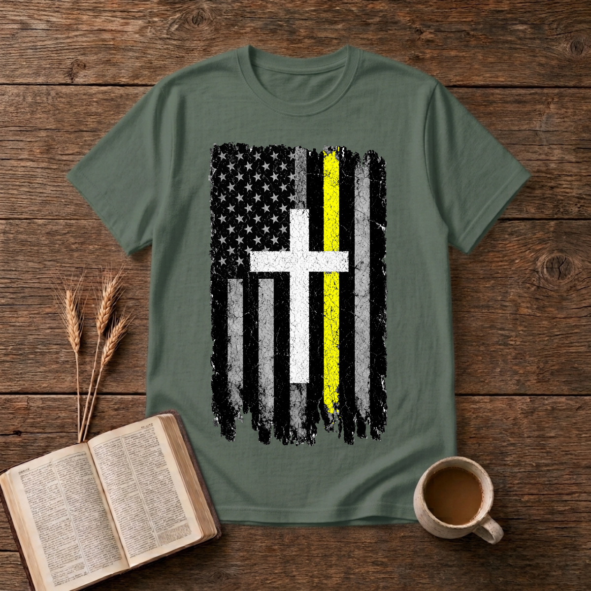 Distressed American flag with a vertical yellow line on a Military Green unisex T-Shirt