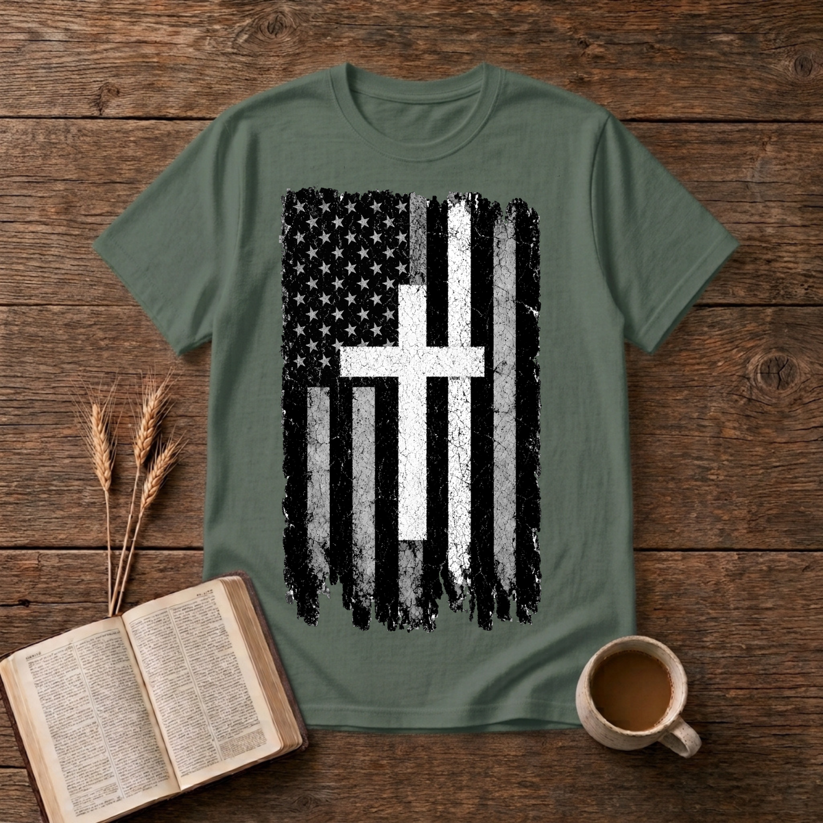 Vintage distressed stars-and-stripes flag with a thin white line on a Military Green unisex T-Shirt