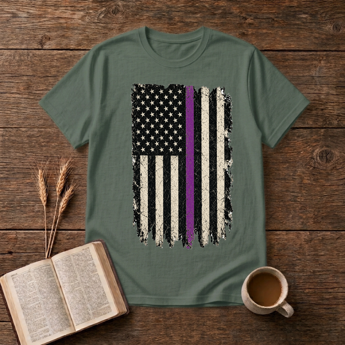 Distressed black and white American flag with a thin purple line on a Military Green unisex T-Shirt