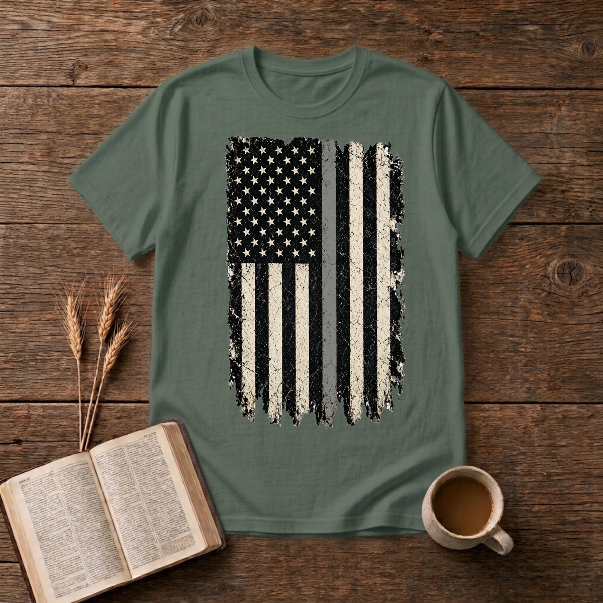 Distressed monochrome American flag with a thin gray line on a Military Green unisex T-Shirt