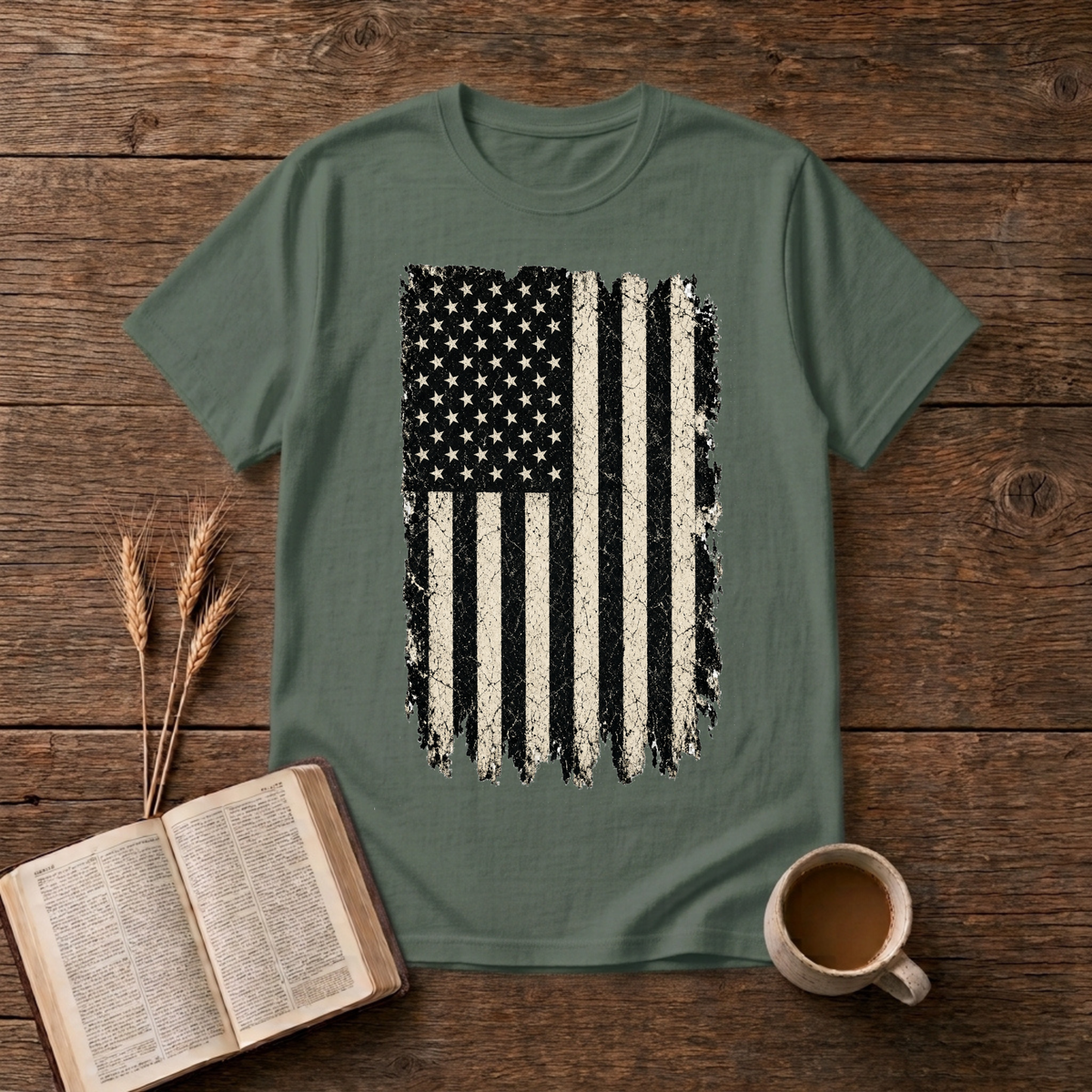 Distressed grayscale American flag with faded edges on a Military Green unisex T-Shirt