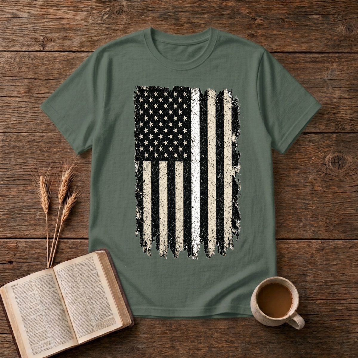 Weathered American flag with a thin white line on a Military Green unisex T-Shirt