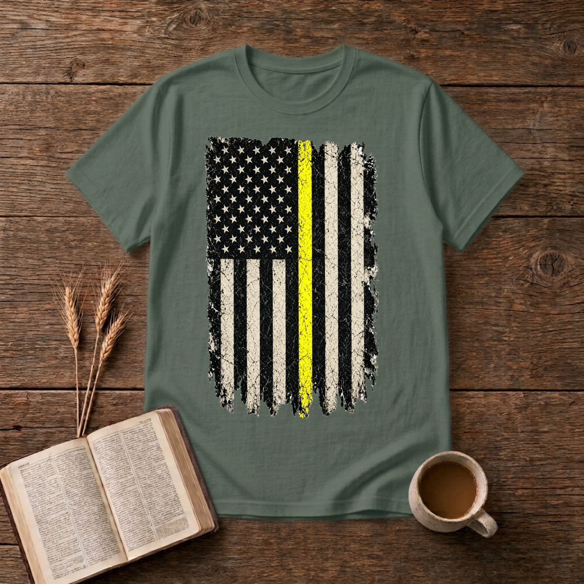 Vintage distressed American flag with a single yellow stripe on a Military Green unisex T-Shirt