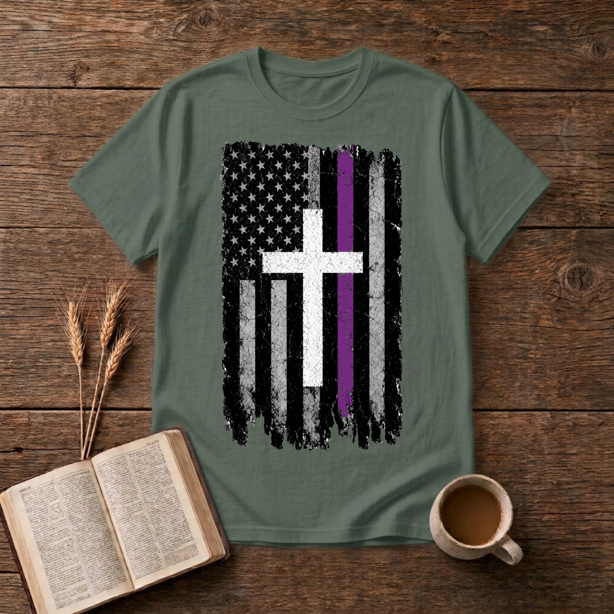Distressed American flag with a lavender stripe and white cross on a Military Green unisex T-Shirt