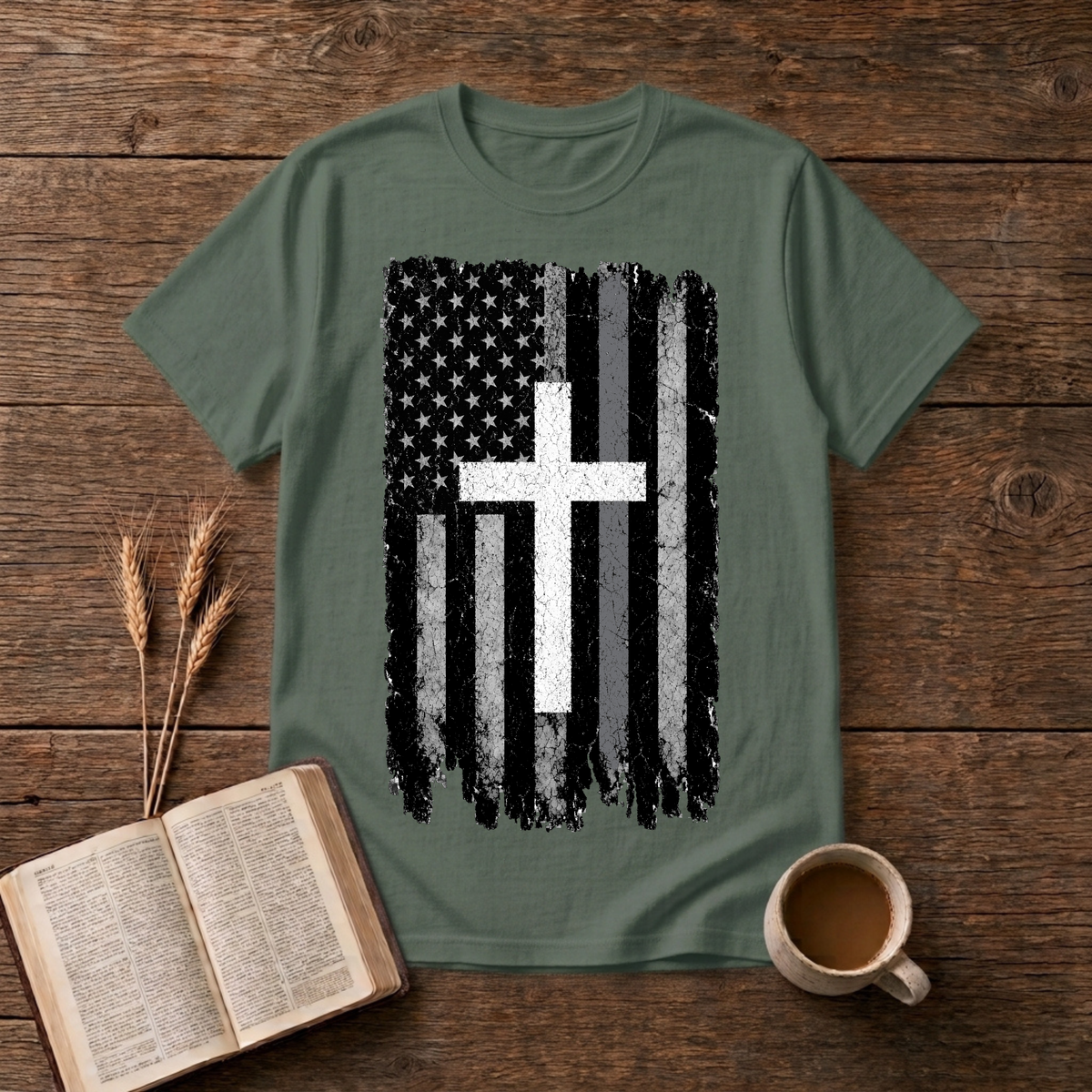 Faded American flag and distressed cross with a silver line on a Military Green unisex T-Shirt