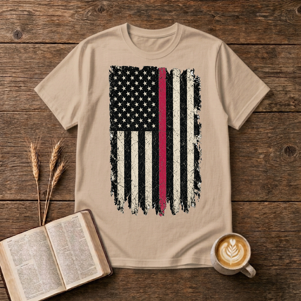 Weathered American flag with a thin red line on a Natural unisex T-Shirt