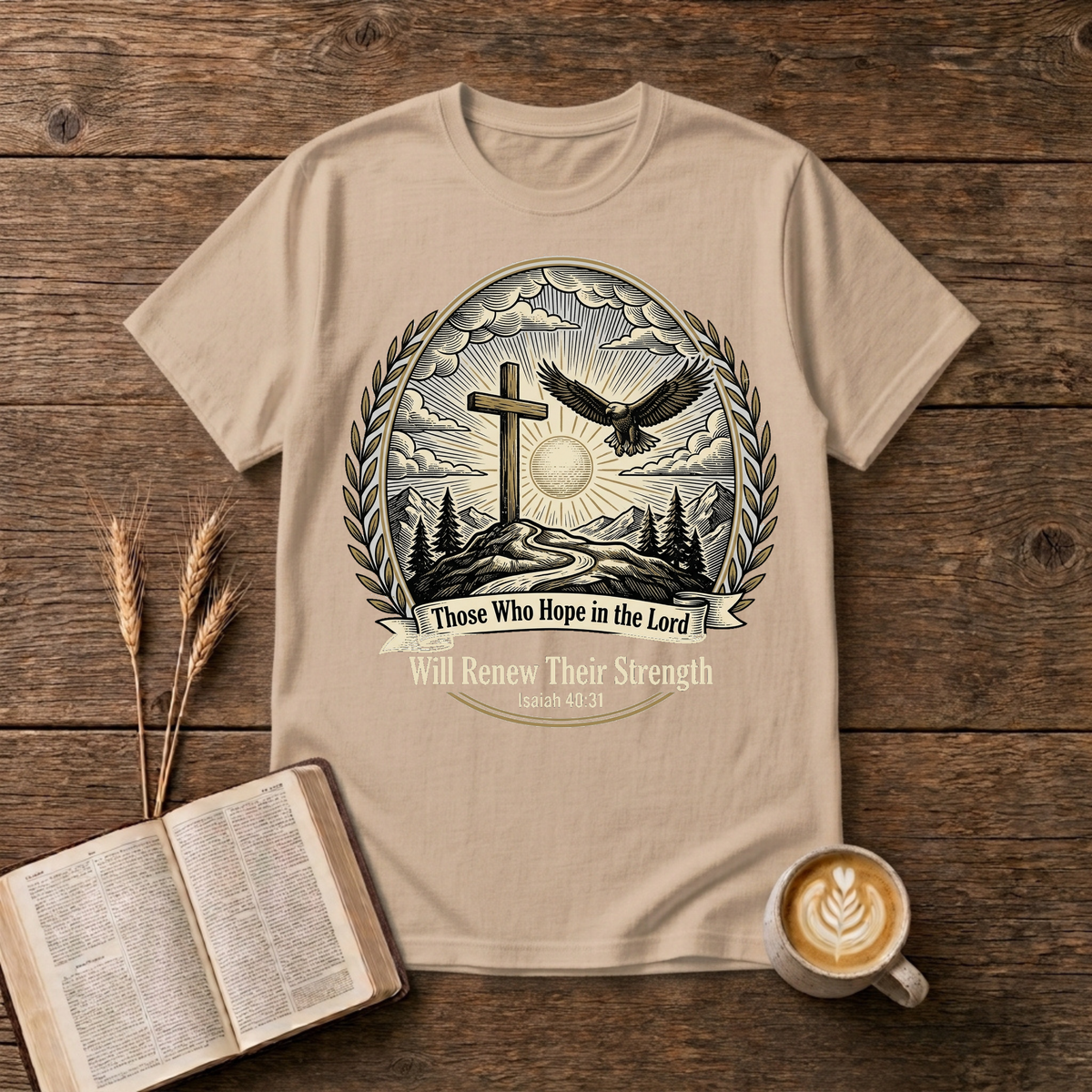 Those Who Hope in the Lord cross and eagle design, Isaiah 40:31 on a Natural unisex T-Shirt