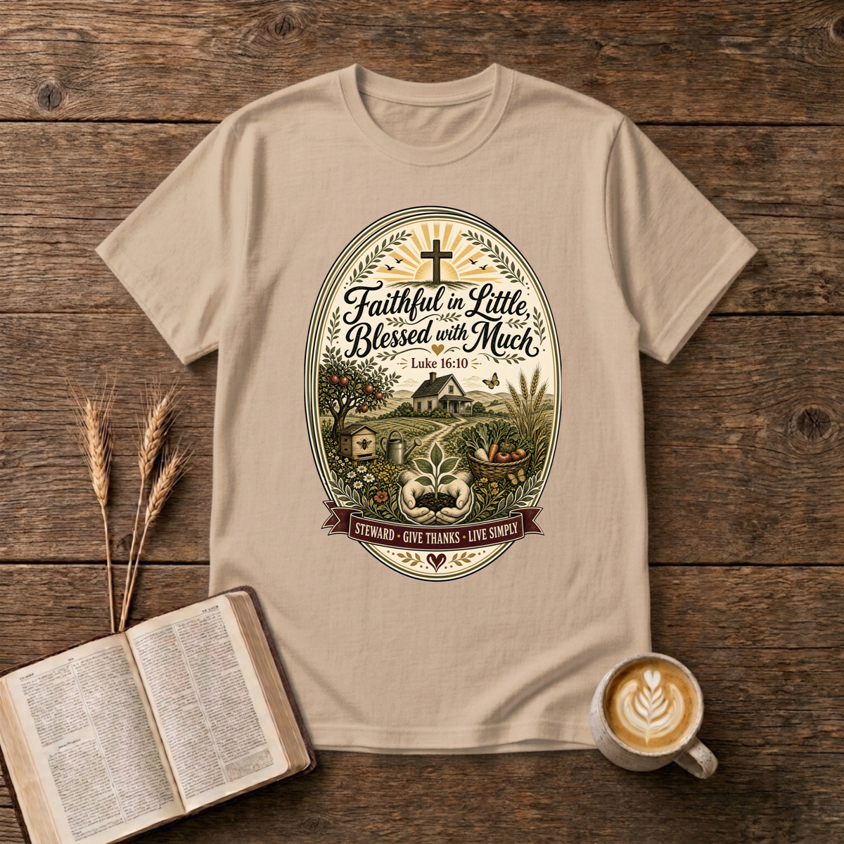 Faithful in Little Blessed with Much design with a small house, hills and cross at sunrise on a Natural unisex T-Shirt