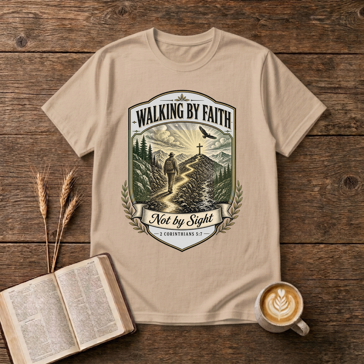Walking By Faith Not by Sight Christian graphic on a Natural unisex T-Shirt