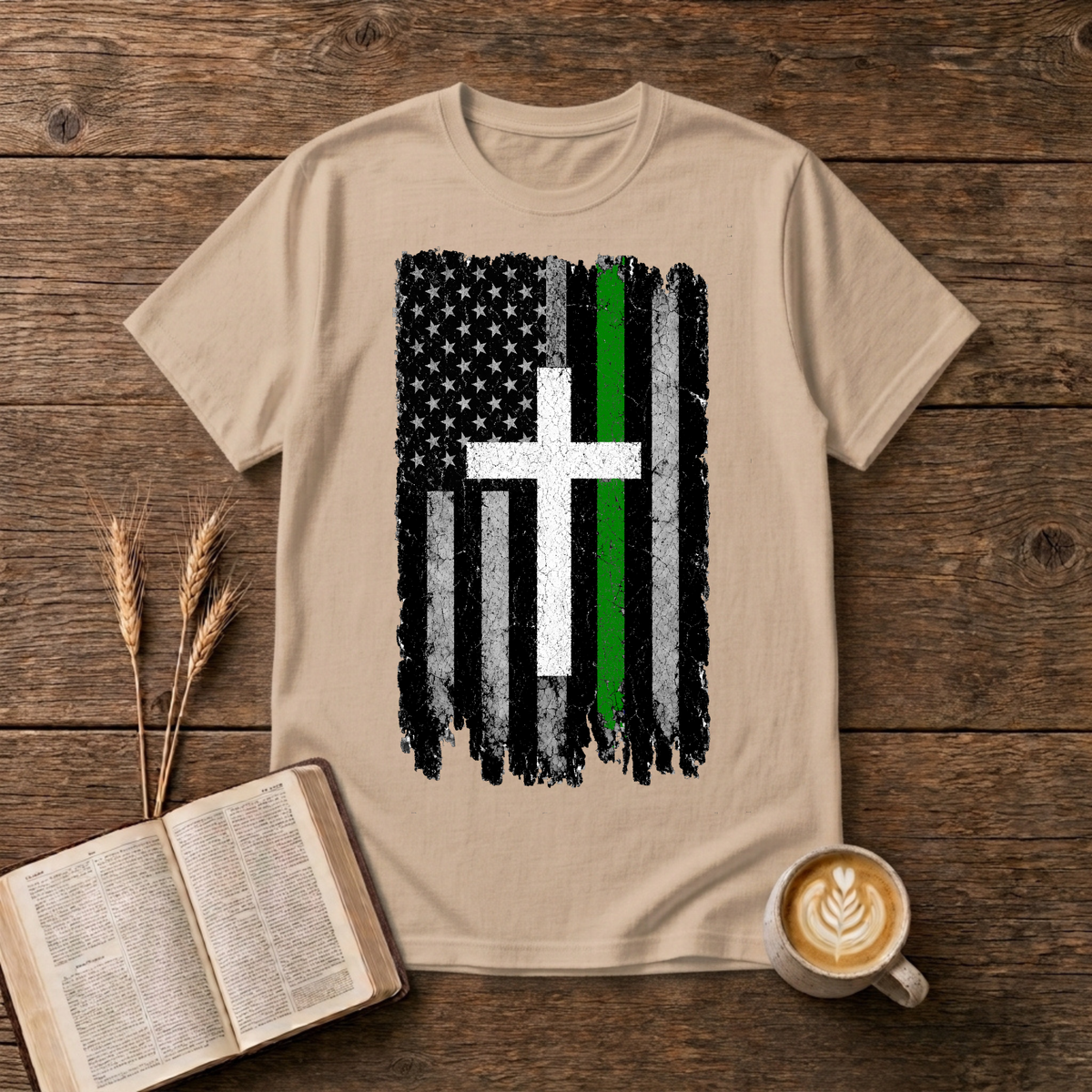 Distressed American flag fused with a cross and green line on a Natural unisex T-Shirt