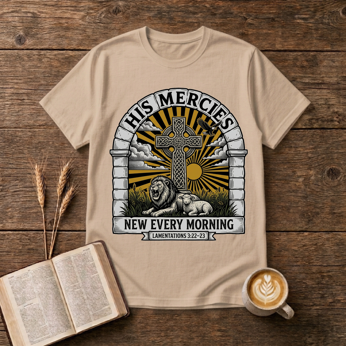 Celtic cross framed by an arched stone motif and sunrise rays on a Natural unisex T-Shirt