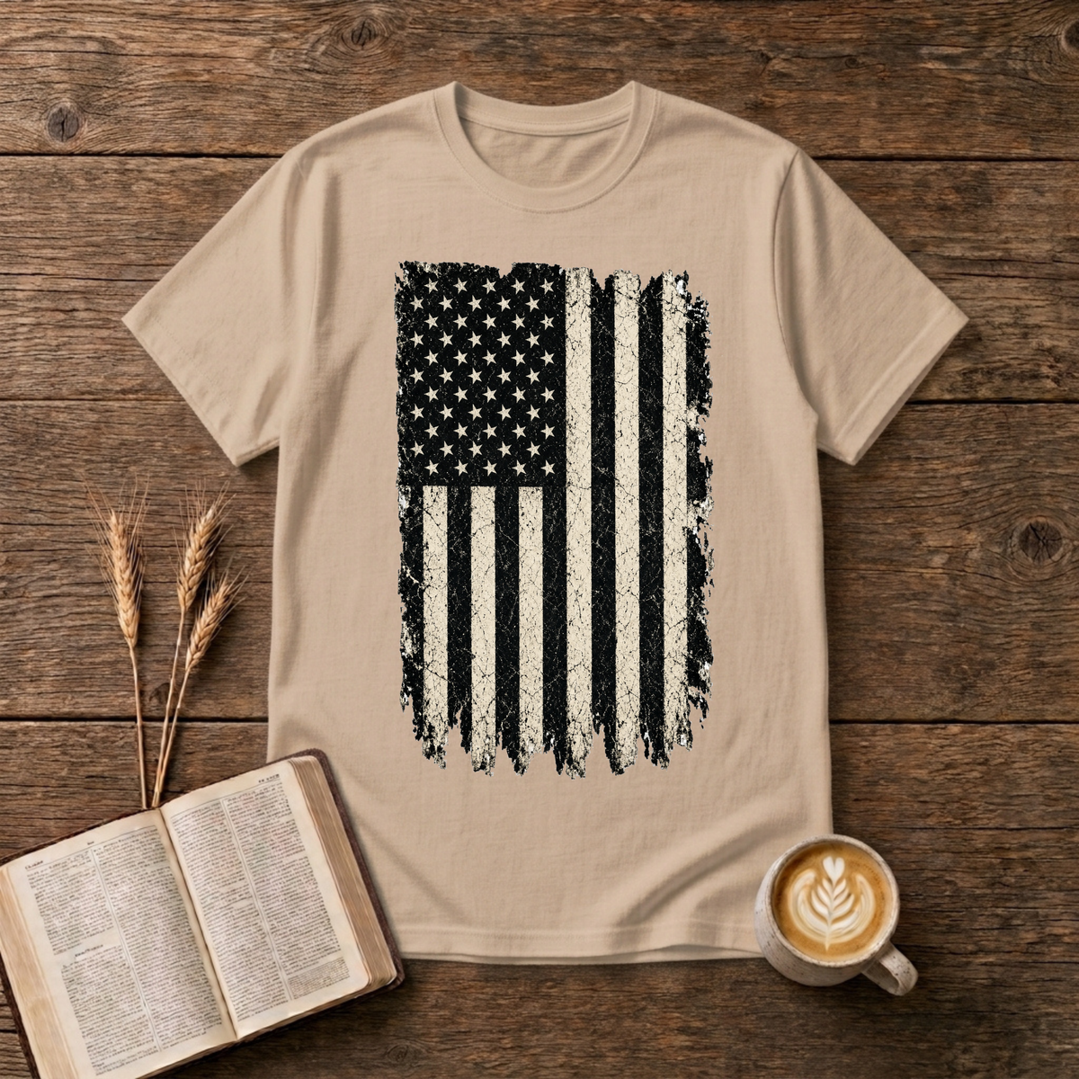 Distressed grayscale American flag with faded edges on a Natural unisex T-Shirt