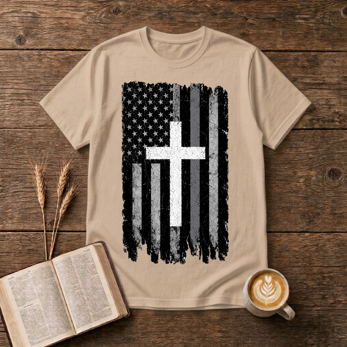 Faded American flag and distressed cross with a silver line on a Natural unisex T-Shirt