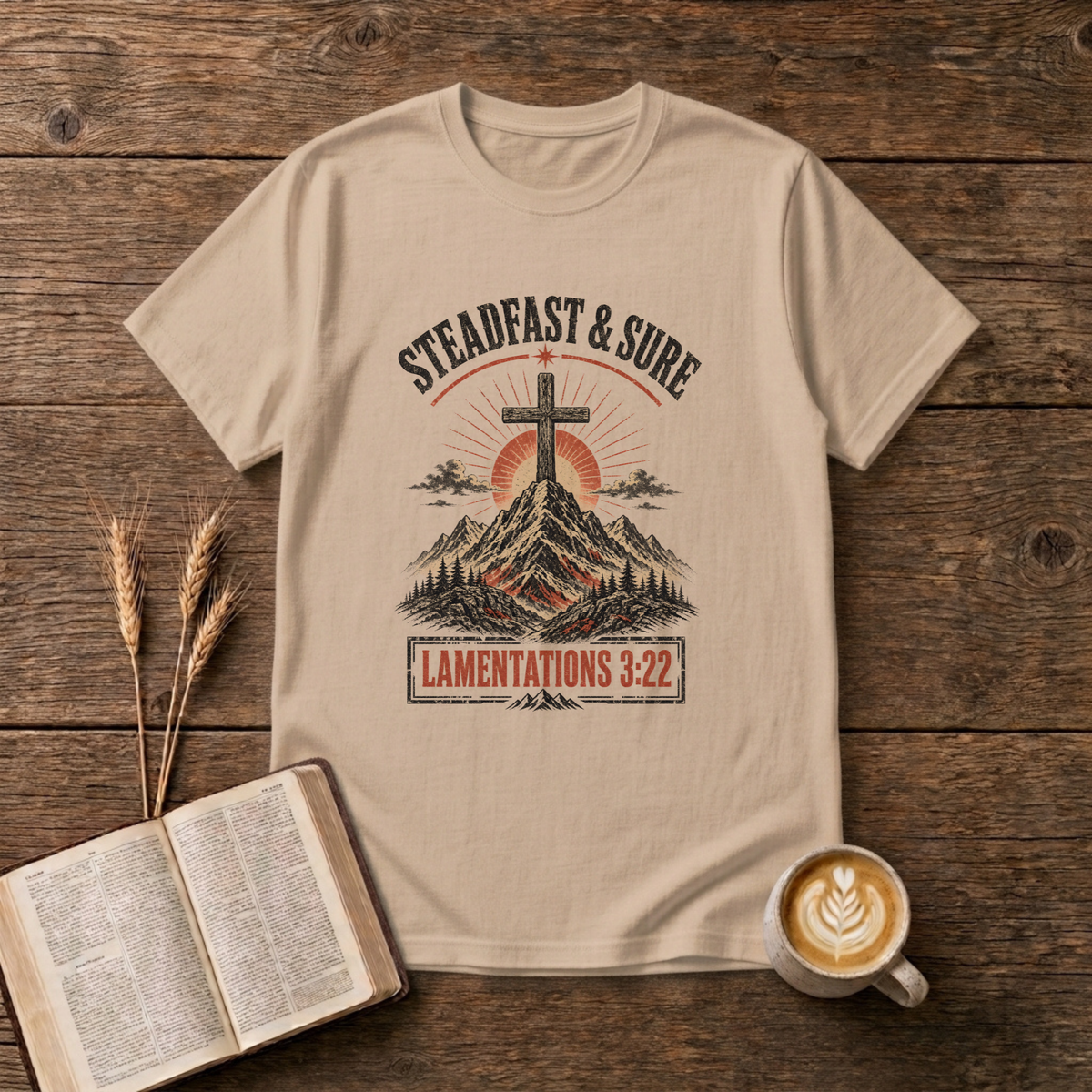 Faded cross with sunrise over mountains, Steadfast and Sure on a Natural unisex T-Shirt