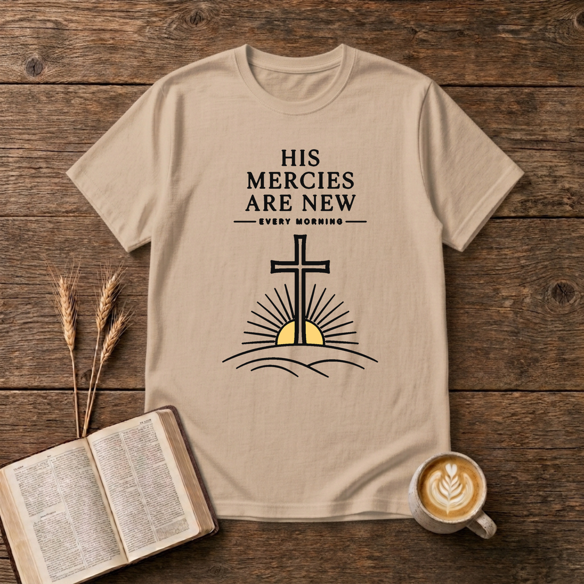 Subtle His mercies are new lettering with a softened cross above a rising sun on a Natural unisex T-Shirt
