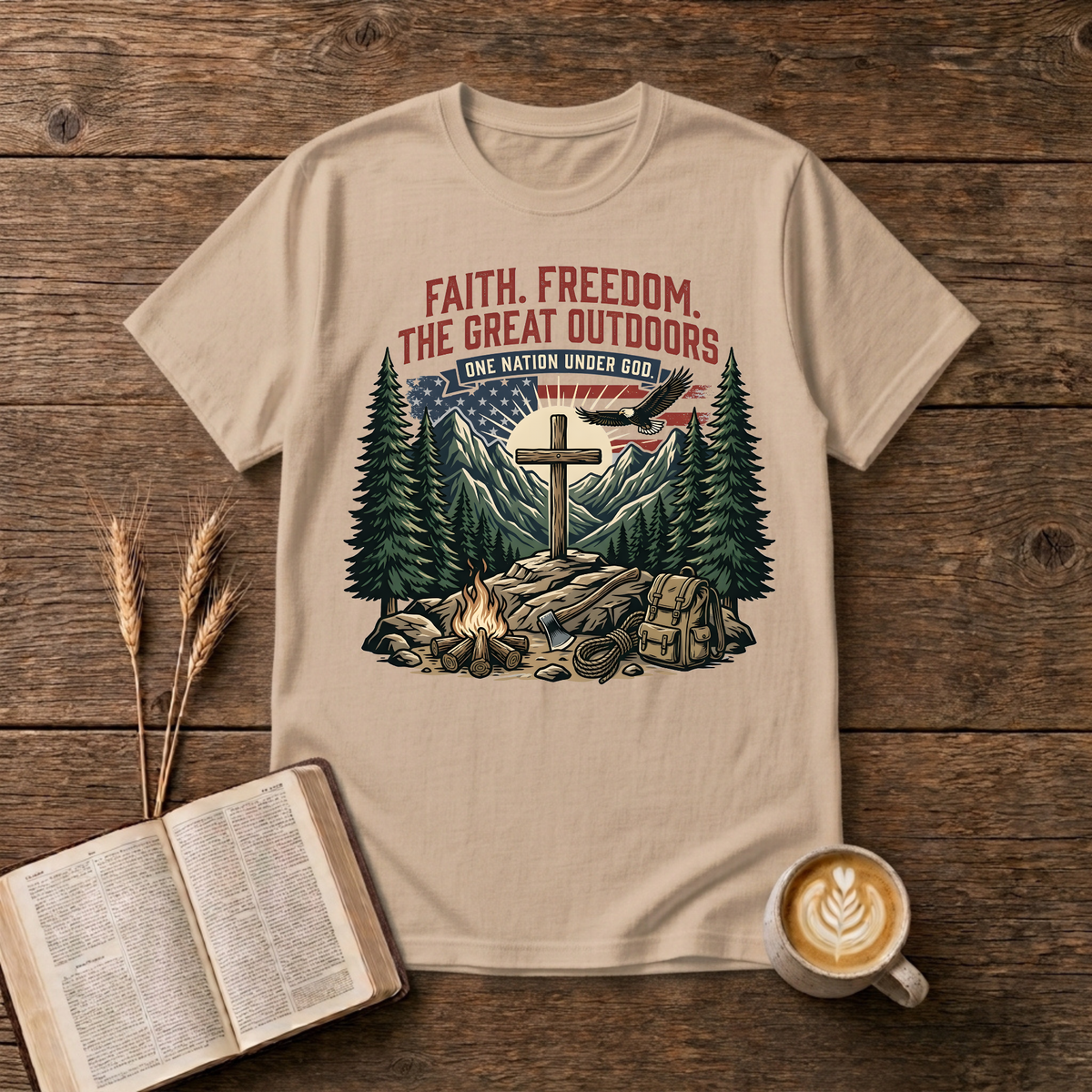 Wooden cross over a mountain at sunrise with pines, bald eagle and American flag on a Natural unisex T-Shirt